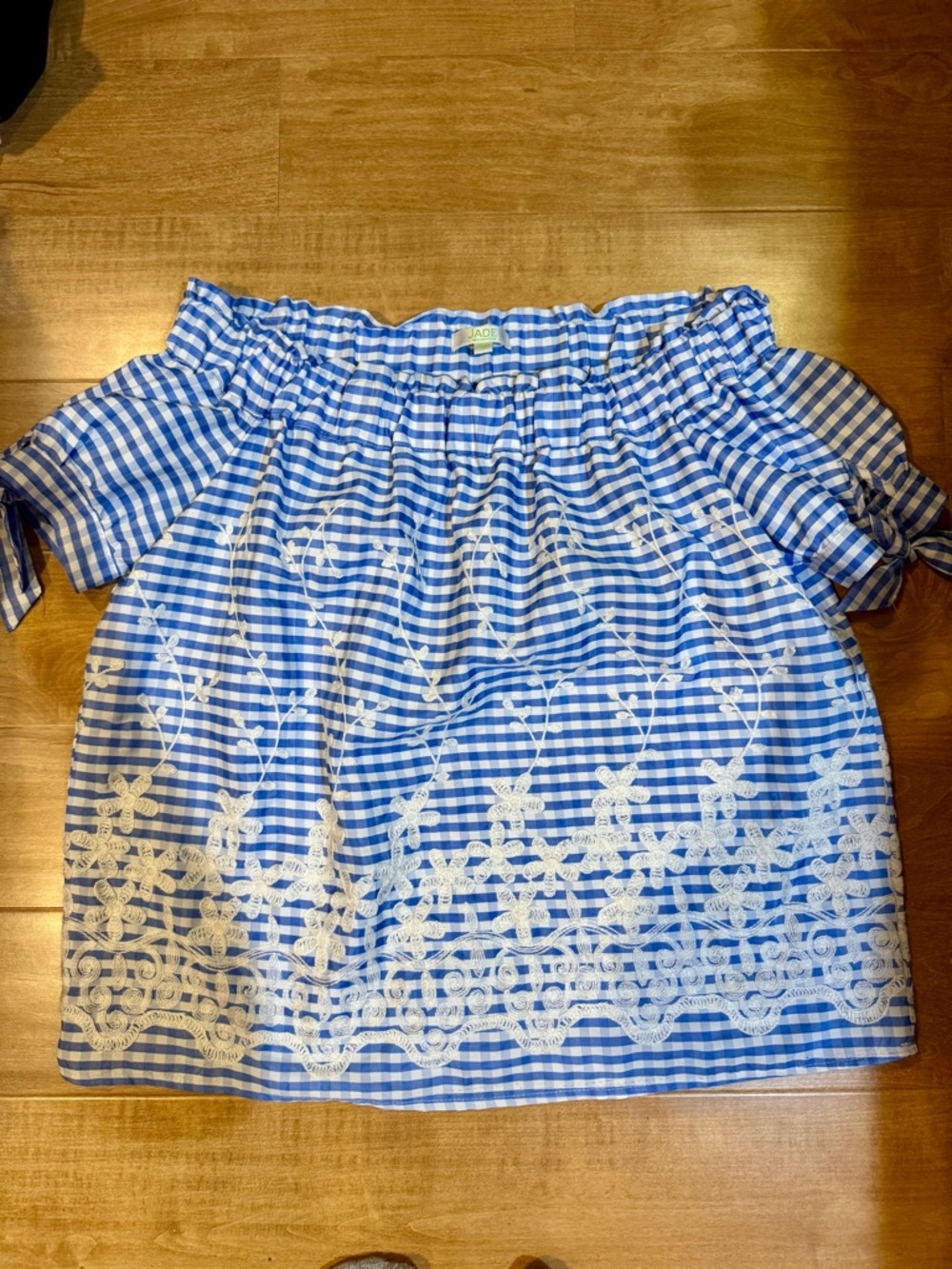 Blue Gingham Off-Shoulder Top with White Embroidery